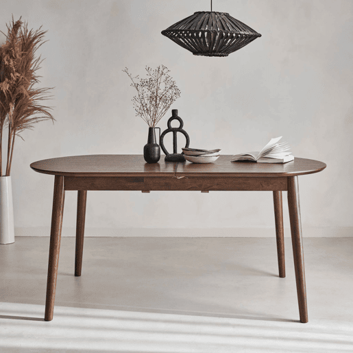 Mesa de jantar extensível com capacidade, 6 a 8 pessoas, Lisa, Madeira de nogueira, 160x90x75 cm