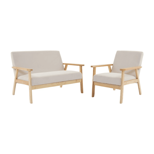 Sofá de 2 lugares com banco e cadeirão de bombazina, pernas de madeira, Isak veludo, Creme, 130x79x69 cm