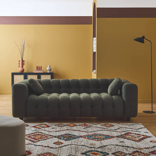 Sofá estofado em tecido boucle texturado de 3 lugares, Leon boucle, Caqui, 99x229x71 cm