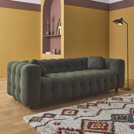 Sofá estofado em tecido boucle texturado de 3 lugares, Leon boucle, Caqui, 99x229x71 cm