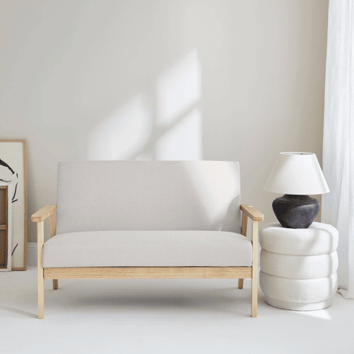 Sofá-bancada em tecido e pernas de madeira de 2 lugares, Isak, Beige, 114x69.5x73 cm
