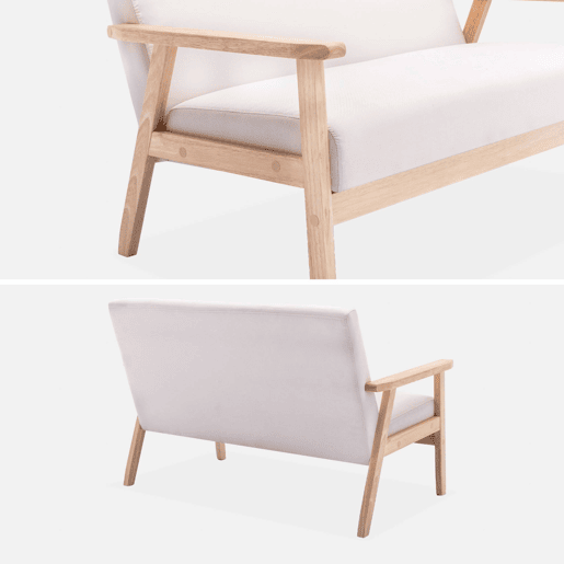 Sofá-bancada em tecido e pernas de madeira de 2 lugares, Isak, Beige, 114x69.5x73 cm