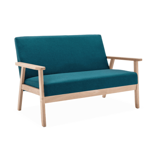 Sofá-bancada em tecido e pernas de madeira de 2 lugares, Isak, Azul esverdeado, 114x69.5x73 cm