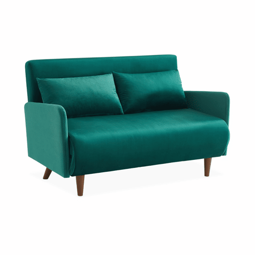 Sofá-cama em veludo com pernas de madeira de 2 lugares, Panam veludo, Verde, 131x75x81 cm