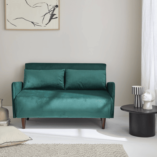 Sofá-cama em veludo com pernas de madeira de 2 lugares, Panam veludo, Verde, 131x75x81 cm