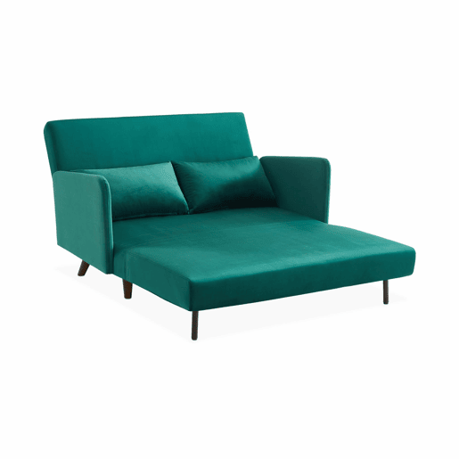 Sofá-cama em veludo com pernas de madeira de 2 lugares, Panam veludo, Verde, 131x75x81 cm