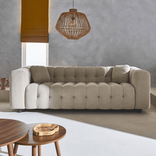 Sofá estofado em tecido boucle texturado de 3 lugares, Leon boucle, Beige, 99x229x71 cm