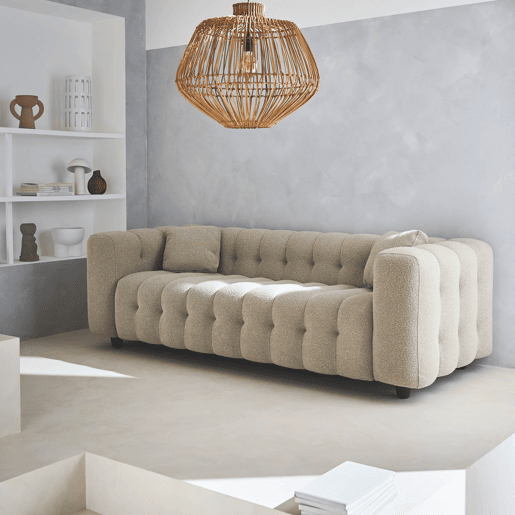 Sofá estofado em tecido boucle texturado de 3 lugares, Leon boucle, Beige, 99x229x71 cm