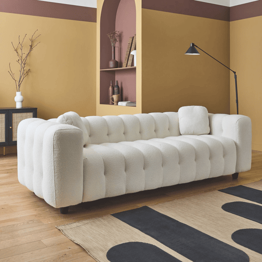 Sofá estofado em tecido boucle texturado de 3 lugares, Leon boucle, Creme, 99x229x71 cm