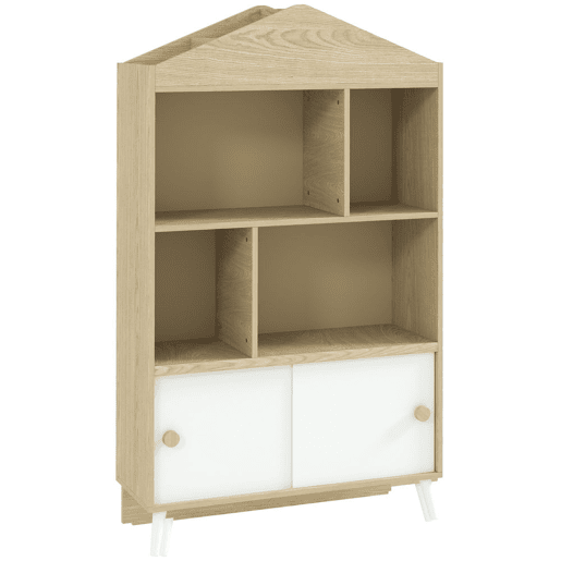 AIYAPLAY Estante Infantil de Madeira com 4 Compartimentos Estante de Livros para Crianças com Prateleiras Abertas e Armário para Domitório Sala de Jogos 80x30x140,5 cm Branco e Madeira