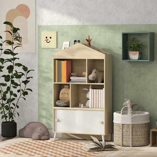 AIYAPLAY Estante Infantil de Madeira com 4 Compartimentos Estante de Livros para Crianças com Prateleiras Abertas e Armário para Domitório Sala de Jogos 80x30x140,5 cm Branco e Madeira