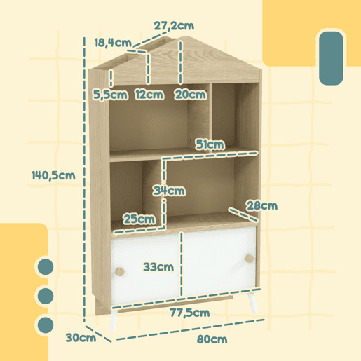 AIYAPLAY Estante Infantil de Madeira com 4 Compartimentos Estante de Livros para Crianças com Prateleiras Abertas e Armário para Domitório Sala de Jogos 80x30x140,5 cm Branco e Madeira