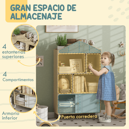 AIYAPLAY Estante Infantil de Madeira com 4 Compartimentos Estante de Livros para Crianças com Prateleiras Abertas e Armário para Domitório Sala de Jogos 80x30x140,5 cm Branco e Madeira