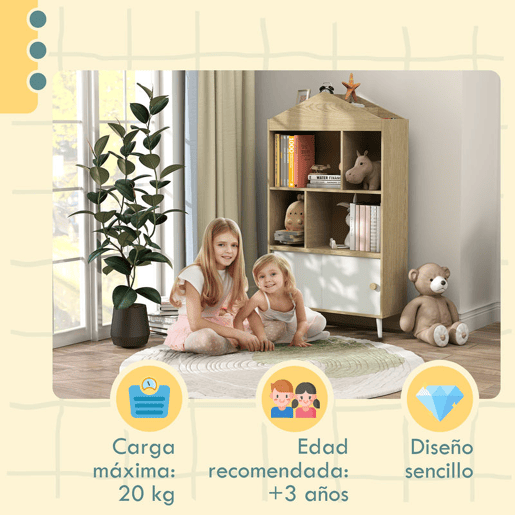 AIYAPLAY Estante Infantil de Madeira com 4 Compartimentos Estante de Livros para Crianças com Prateleiras Abertas e Armário para Domitório Sala de Jogos 80x30x140,5 cm Branco e Madeira