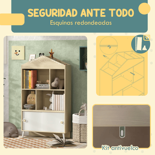 AIYAPLAY Estante Infantil de Madeira com 4 Compartimentos Estante de Livros para Crianças com Prateleiras Abertas e Armário para Domitório Sala de Jogos 80x30x140,5 cm Branco e Madeira