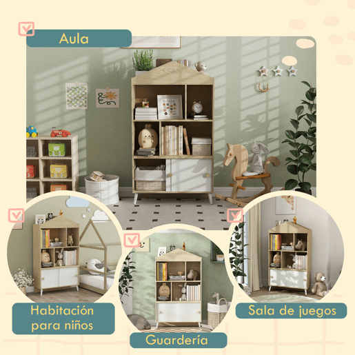 AIYAPLAY Estante Infantil de Madeira com 4 Compartimentos Estante de Livros para Crianças com Prateleiras Abertas e Armário para Domitório Sala de Jogos 80x30x140,5 cm Branco e Madeira