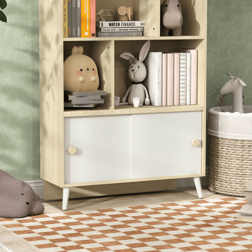 AIYAPLAY Estante Infantil de Madeira com 4 Compartimentos Estante de Livros para Crianças com Prateleiras Abertas e Armário para Domitório Sala de Jogos 80x30x140,5 cm Branco e Madeira