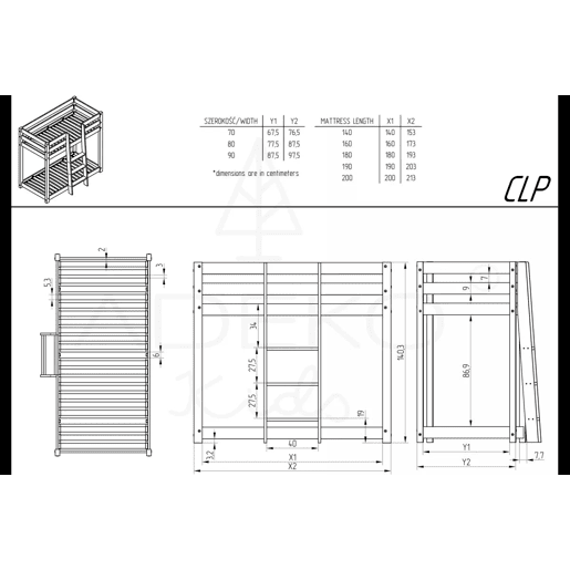 Beliche infantil de madeira CLP Mila 90x190cm