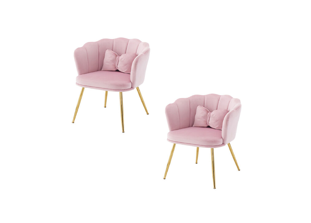 Juego de 2 sillónes de terciopelo con cojín de mariposa,respaldo de pétalos y patas de metal dorado,rosa