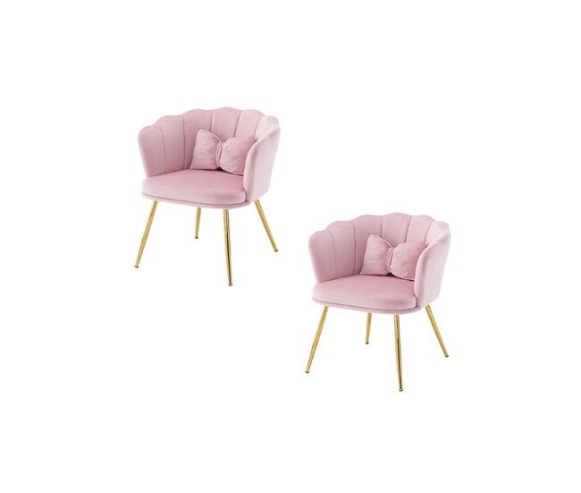 Juego de 2 sillónes de terciopelo con cojín de mariposa,respaldo de pétalos y patas de metal dorado,rosa