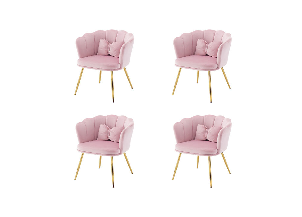 Juego de 4 sillónes de terciopelo con cojín de mariposa,respaldo de pétalos y patas de metal dorado,rosa