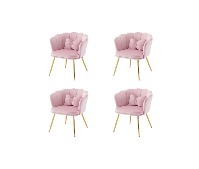 Juego de 4 sillónes de terciopelo con cojín de mariposa,respaldo de pétalos y patas de metal dorado,rosa