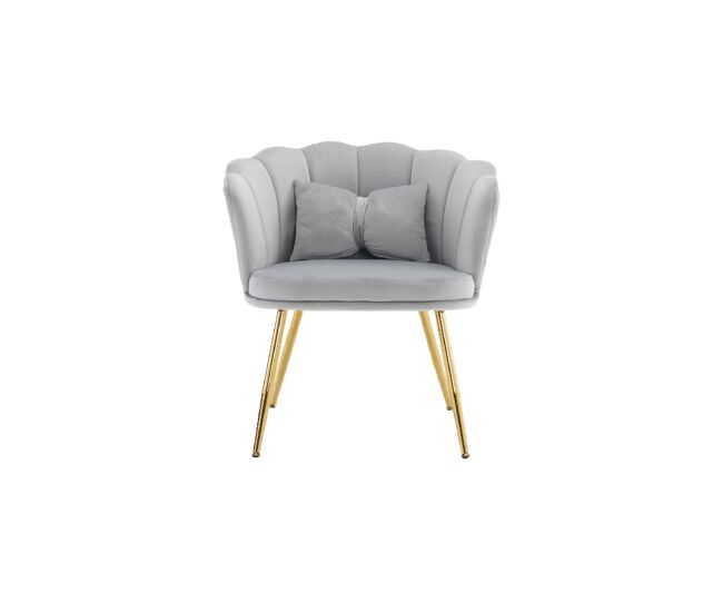 Sillón de terciopelo con cojín de mariposa,respaldo de pétalos y patas de metal dorado,gris