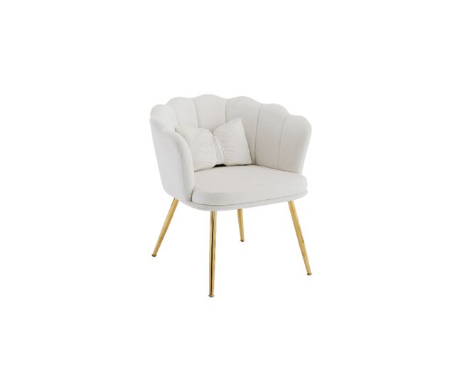 Sillón de terciopelo con cojín de mariposa,respaldo de pétalos y patas de metal dorado,blanco