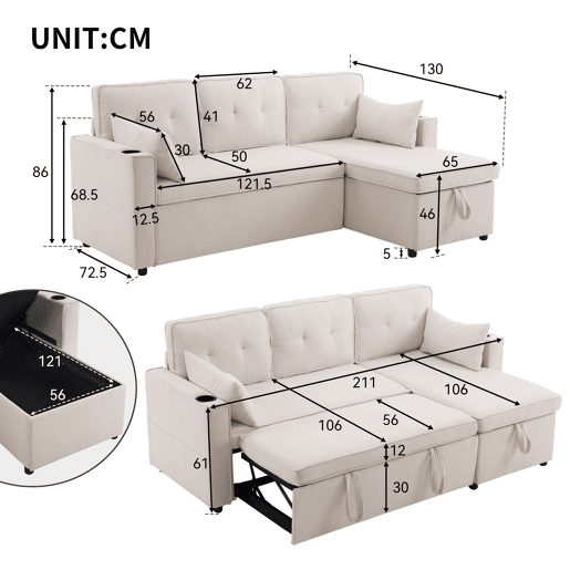 Sofá Cama reversível conversível 3 lugares,bege