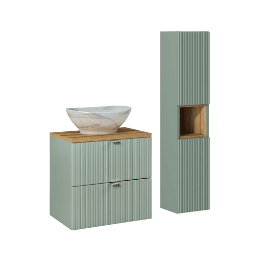 Conjunto móvel lavatório simples 60cm 2 gavetas e coluna Verde Jade e Madeira