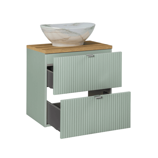Conjunto móvel lavatório simples 60cm 2 gavetas e coluna Verde Jade e Madeira