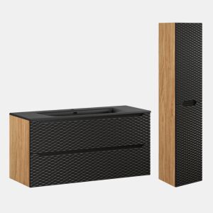 Conjunto móvel lavatório simples encastrado 120cm 2 gavetas e coluna Elora Preto e madeira