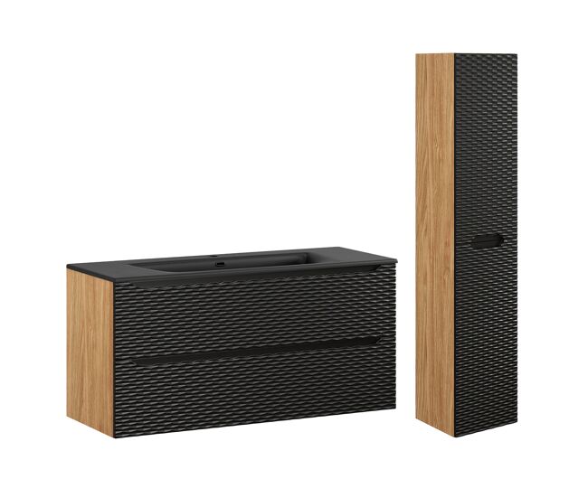 Conjunto de muebles de lavabo individual encastrado 120cm 2 cajones y columna elora negro y madera