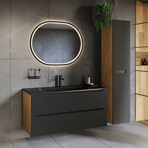 Conjunto móvel lavatório simples encastrado 120cm 2 gavetas e coluna Elora Preto e madeira