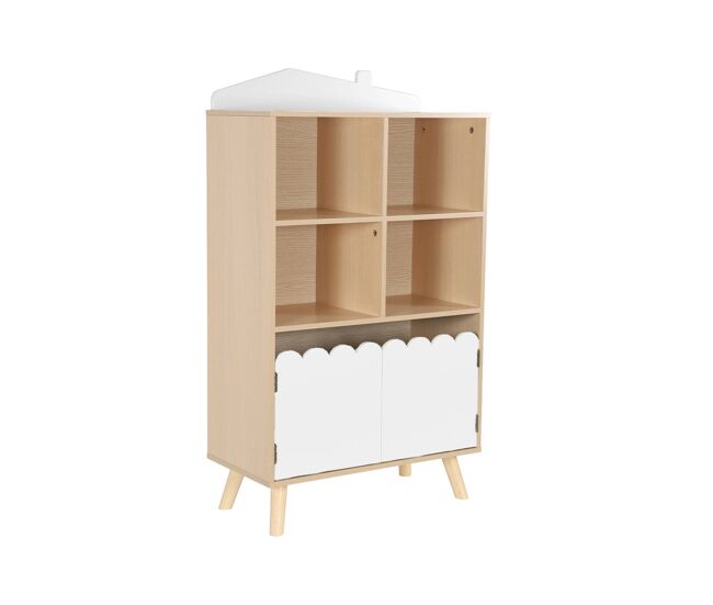 Biblioteca infantil madera de pino 2 puertas 4 estantes, azur, blanco, 60x30x104.5 cm