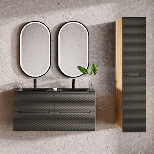 Conjunto móvel lavatório duplo encastrado 120cm 4 gavetas e coluna Elora Preto e madeira