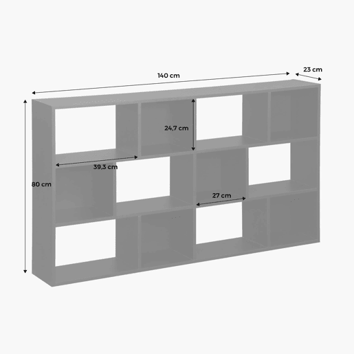 Estante de 3 prateleiras com 12 compartimentos, Pieter, Natural, 140x23x80 cm