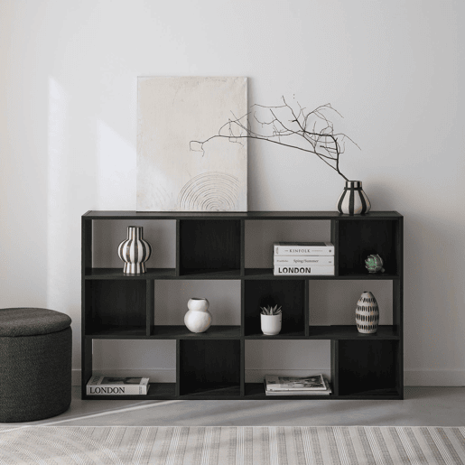 Estante de 3 prateleiras com 12 compartimentos, Pieter, Preto, 140x23x80 cm