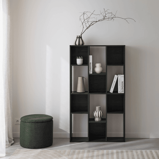 Estante de 3 prateleiras com 12 compartimentos, Pieter, Preto, 140x23x80 cm