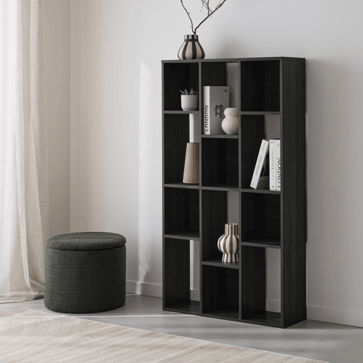 Estante de 3 prateleiras com 12 compartimentos, Pieter, Preto, 140x23x80 cm