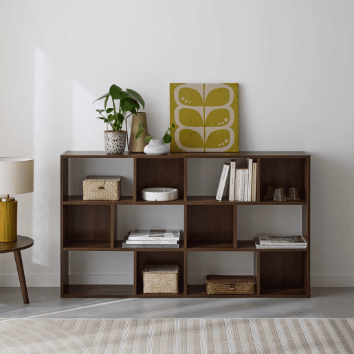 Estante de 3 prateleiras com 12 compartimentos, Pieter, Madeira de nogueira, 140x23x80 cm