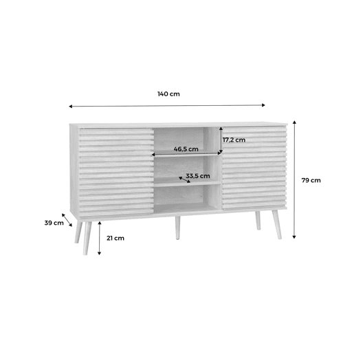 Aparador escandinavo em madeira, 2 portas, 140cm, Madere, Natural, 140x39x79 cm