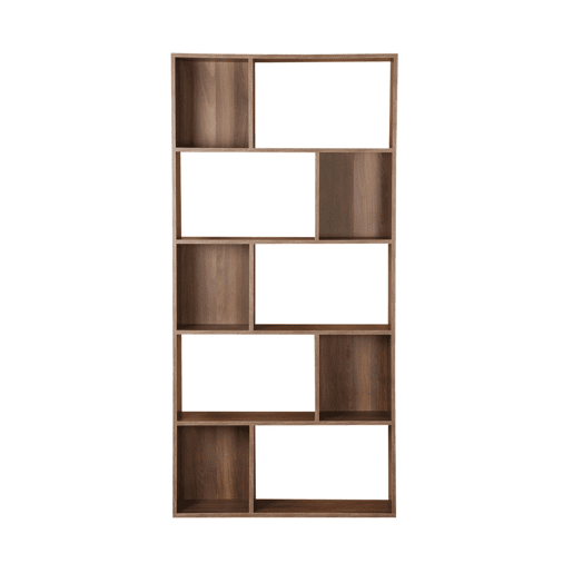 Estante de design assimétrico em madeira de nogueira escura - Pieter - 5 prateleiras, 10 compartimentos de arrumação, 83x23x173cm