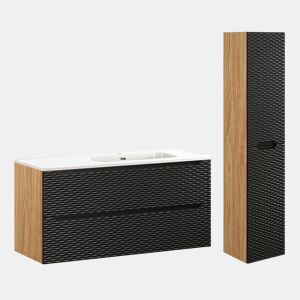 Conjunto móvel lavatório simples encastrado direito 120cm 2 gavetas e coluna Elora Preto e madeira