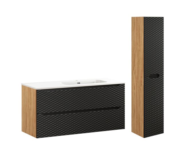 Conjunto de muebles con lavabo individual encastrado lado derecho 120 cm 2 cajones y columna elora negro y madera