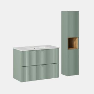 Móvel de lavatório individual 80cm 2 gavetas e móvel alto Verde Jade e Madeira