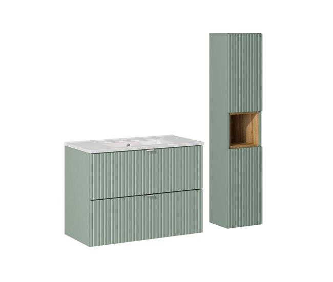 Conjunto de muebles con lavabo individual encastrado 80cm 2 cajones y columna jade verde y madera