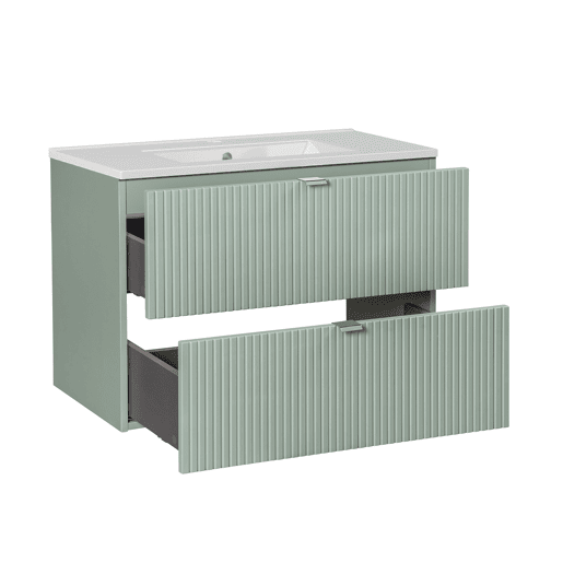 Móvel de lavatório individual 80cm 2 gavetas e móvel alto Verde Jade e Madeira