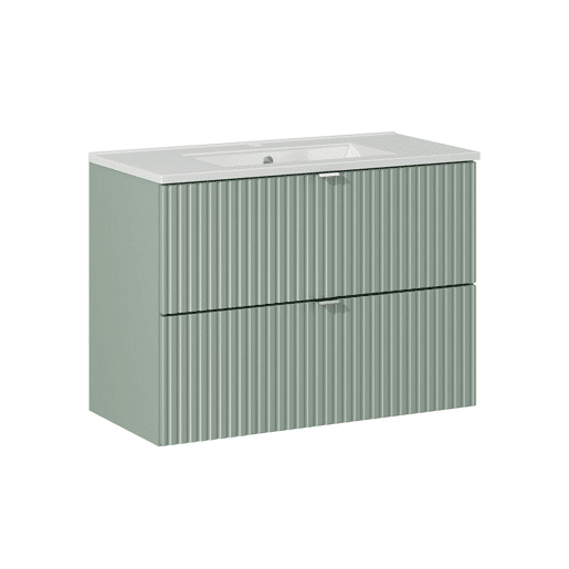 Móvel de lavatório individual 80cm 2 gavetas e móvel alto Verde Jade e Madeira