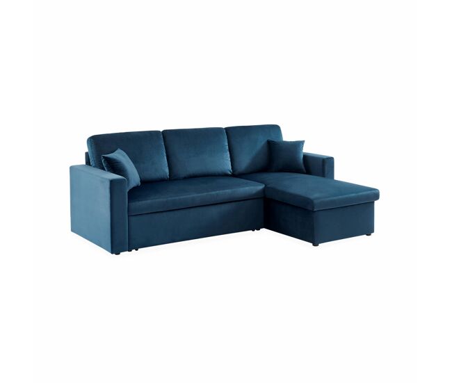 Sofá cama esquinero reversible con espacio de almacenamiento, 3 plazas, ida terciopelo, azul, 220x146x83 cm